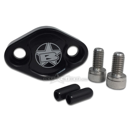 BLOWSION Oil Injection Block Off Plate. Oil block-off plates allow for an easy conversion from factory oil injection to pre-mixing your own fuel. Block-off plates fit all Yamaha 650701/760 and Kawasaki 650/750 Models. Hardware included. Anodized Black.